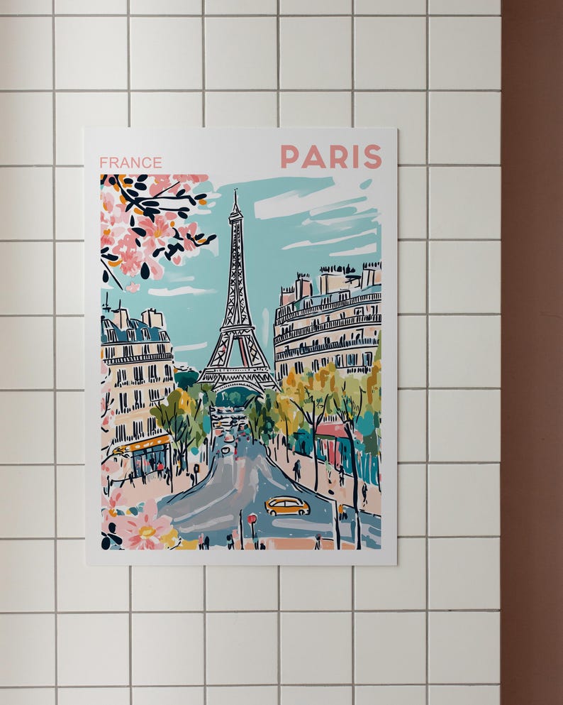 May include: A colorful illustration of the Eiffel Tower in Paris, France. The illustration features a blue sky, pink cherry blossoms, and a street scene with buildings and people.