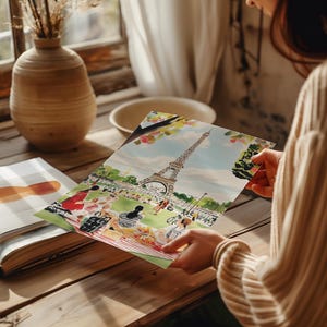 May include: A watercolor painting of the Eiffel Tower in Paris, France. The painting depicts a picnic scene with people enjoying the view of the iconic landmark. The painting is framed and ready to hang.