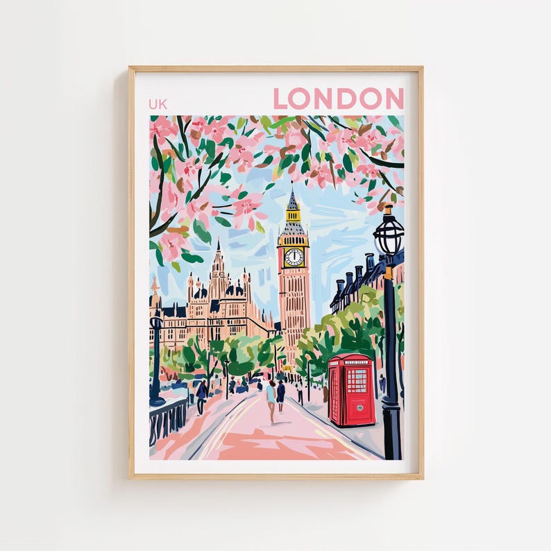 Impression de voyage à Londres, art mural de Londres, décoration d'intérieur de Londres, illustration de Londres, affiche de voyage, cadeau pour la décoration d'intérieur de Londres, Royaume-Uni image 1