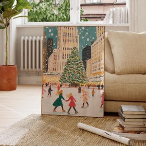 May include: A painting of a snowy city scene with a large Christmas tree in the center. People are ice skating on a rink in front of the tree. The buildings in the background are tall and decorated with lights.