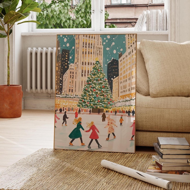 May include: A painting of a snowy city scene with a large Christmas tree in the center. People are ice skating on a rink in front of the tree. The buildings in the background are tall and decorated with lights.