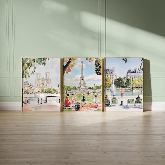Set of 3 Paris Eiffel Tower Art Prints, Paris Wall Decor, Girls Room Wall Decor, Paris Watercolor Art, Paris Art Print Set, Paris Travel Art