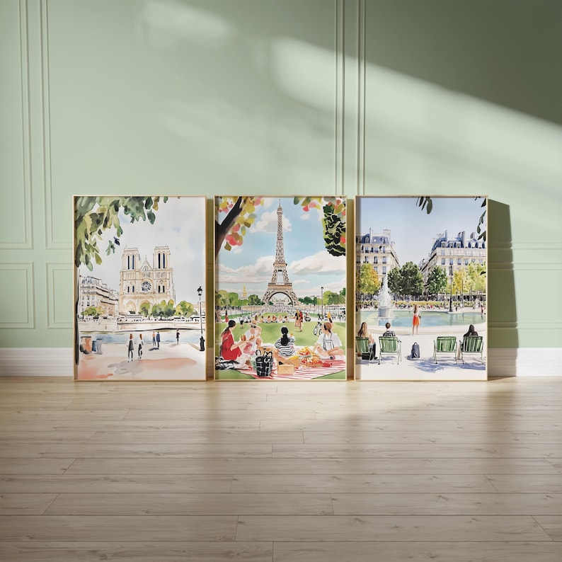 Set of 3 Paris Eiffel Tower Art Prints, Paris Wall Decor, Girls Room Wall Decor, Paris Watercolor Art, Paris Art Print Set, Paris Travel Art