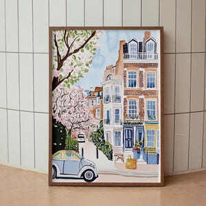 May include: A watercolor painting of a blue car parked on a street in front of a brick building with pink flowers blooming on a tree. The building has multiple windows and a door.