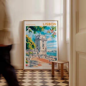 May include: A vintage-style poster with a colorful illustration of a tower in Lisbon, Portugal. The poster has the text "PORTUGAL LISBON" at the top.