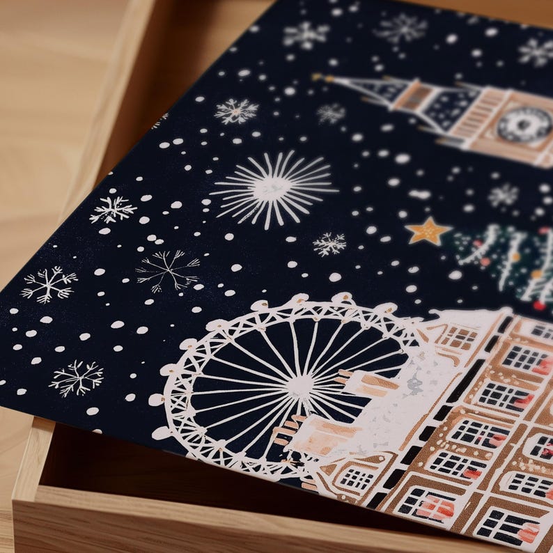 May include: A dark blue Christmas card with a snowy night scene of London landmarks. The London Eye, Big Ben, and a Christmas tree are depicted in white against a dark blue background with white snowflakes.