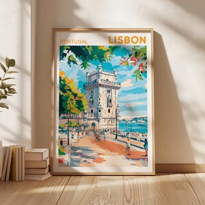 May include: A vintage-style travel poster featuring a colorful illustration of the Bel&eacute;m Tower in Lisbon, Portugal. The poster has the text "PORTUGAL" and "LISBON" in yellow.