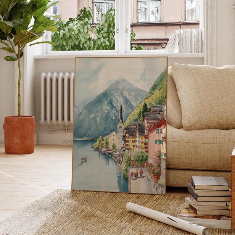 Hallstatt-affisch, akvarelltryck av Hallstatt, väggkonst i Österrike, resetryck, landskapskonst, landskapsdekor, present till nytt hem, resesouvenir bild 2
