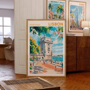 May include: A vintage travel poster featuring a colorful illustration of the Bel&eacute;m Tower in Lisbon, Portugal. The poster has the words "Portugal" and "Lisbon" printed on it.