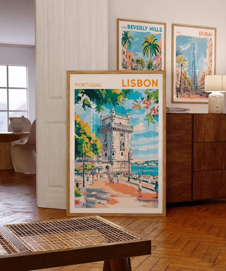 May include: A vintage travel poster featuring a colorful illustration of the Bel&eacute;m Tower in Lisbon, Portugal. The poster has the words "Portugal" and "Lisbon" printed on it.
