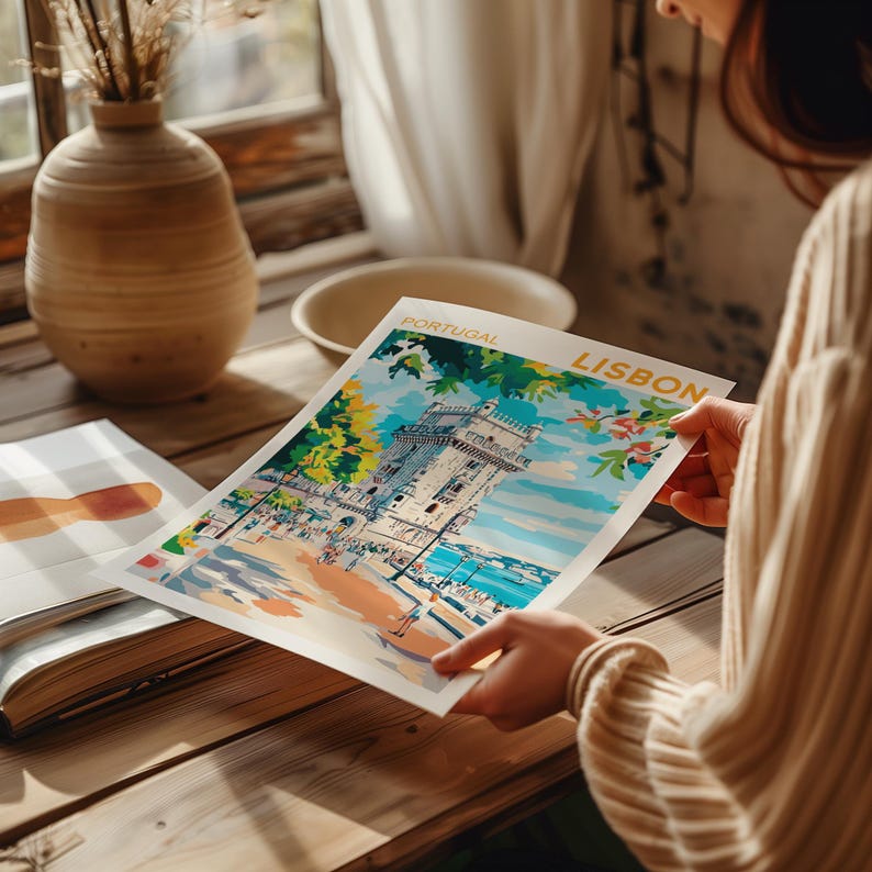 May include: A vintage-style travel poster featuring a colorful illustration of the Bel&eacute;m Tower in Lisbon, Portugal. The poster has the text "PORTUGAL" and "LISBON" in a yellow font.