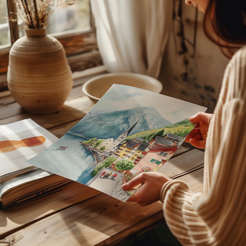 Hallstatt-affisch, akvarelltryck av Hallstatt, väggkonst i Österrike, resetryck, landskapskonst, landskapsdekor, present till nytt hem, resesouvenir bild 3