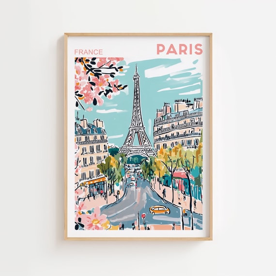Retro Travel Poster Paris Print Eiffel Tower Wall Art Vintage Prints France Travel Poster European Retro Home Decor Modern Digital Download
