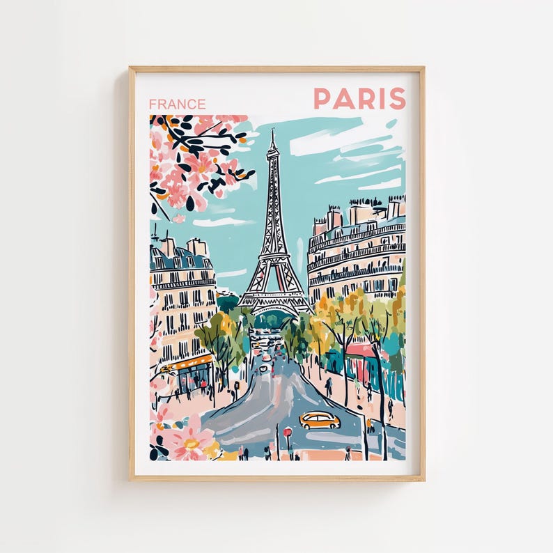 Retro Travel Poster Paris Print Eiffel Tower Wall Art Vintage Prints France Travel Poster European Retro Home Decor Modern Digital Download image 1