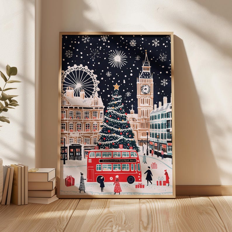 May include: A festive illustration of a London cityscape with a red double-decker bus, a Christmas tree, Big Ben, and a Ferris wheel. The scene is set against a dark blue background with white snowflakes.