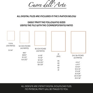 May include: A graphic showing five different aspect ratios for digital art prints, including 11x14, 16x20, 18x24, and 24x36 inches. The text "Cuore dell'Arte" is at the top of the graphic.