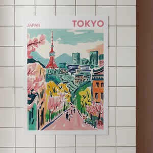 May include: A colorful illustration of Tokyo, Japan, with the Tokyo Tower in the center. The illustration features a pink sky, green trees, and a street with people walking.