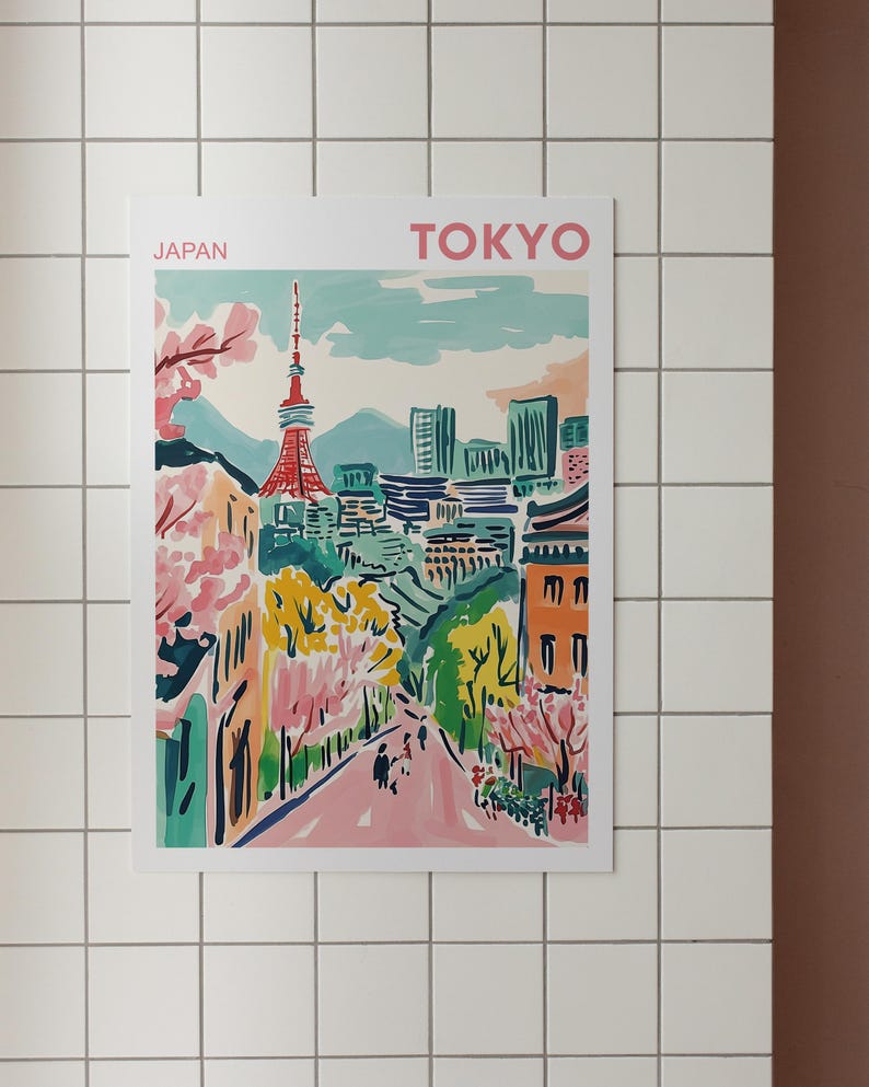 May include: A colorful illustration of Tokyo, Japan, with the Tokyo Tower in the center. The illustration features a pink sky, green trees, and a street with people walking.