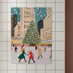 May include: A snowy city scene with a large Christmas tree in the center. People are ice skating on a rink in front of the tree. The buildings in the background are decorated with lights.