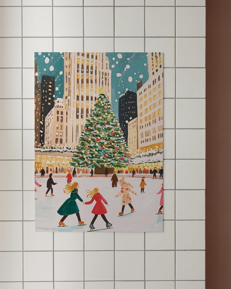 May include: A snowy city scene with a large Christmas tree in the center. People are ice skating on a rink in front of the tree. The buildings in the background are decorated with lights.