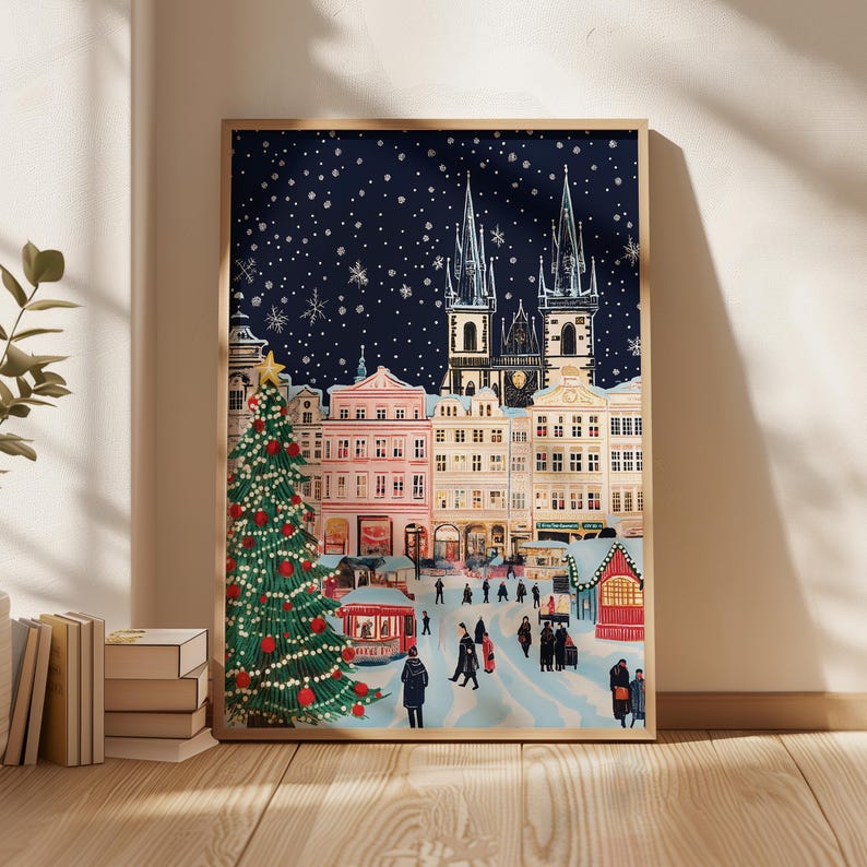Praga en Navidad, póster navideño de Praga, impresión navideña de Praga, arte mural navideño, arte mural de Praga, Praga retro, regalo de Navidad imagen 6