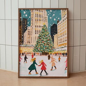 May include: A painting of a snowy city scene with a large Christmas tree in the center. People are ice skating on a rink in front of the tree. The buildings are tall and have many windows. The sky is blue and there are snowflakes falling.