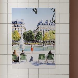 May include: A watercolor painting of a Parisian square with a fountain in the center. People are sitting on benches and walking around the square. There are buildings in the background and trees lining the square.