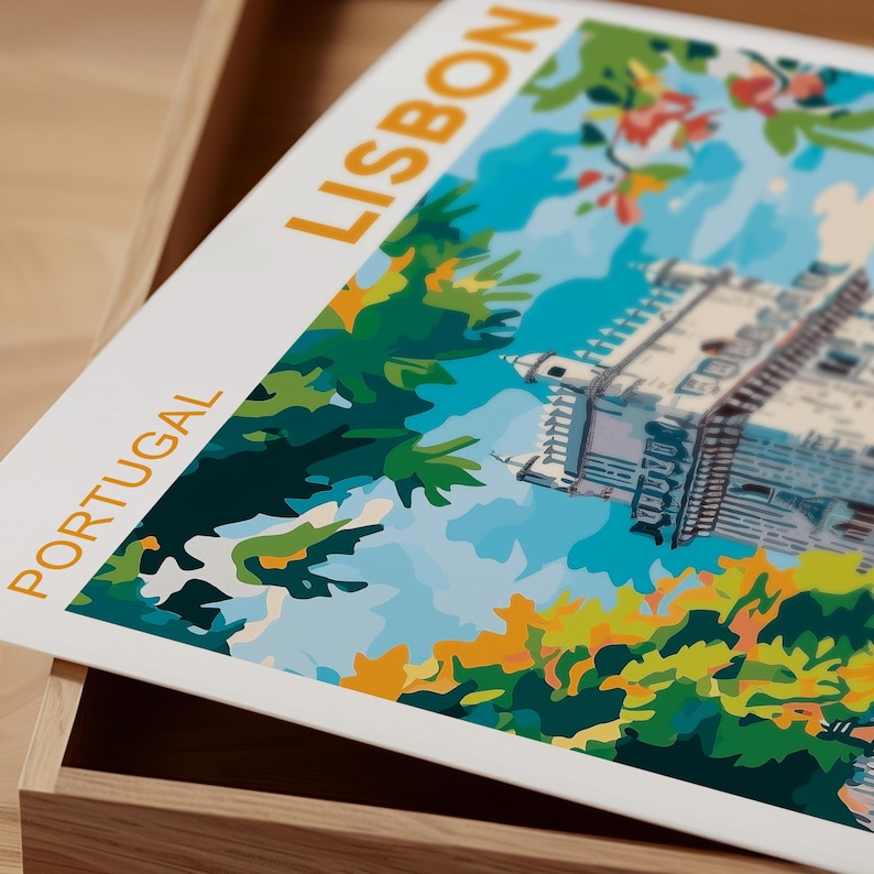 May include: A white card with the words "PORTUGAL" and "LISBON" printed in yellow. The card features a colorful illustration of a building with a blue sky and green trees.