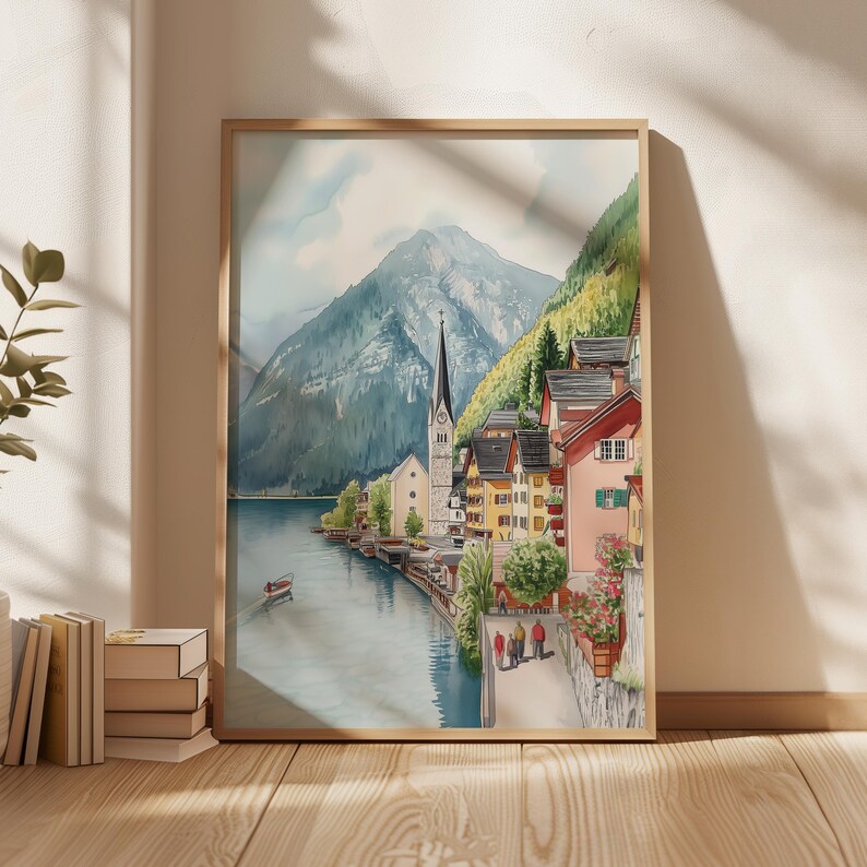 Hallstatt-affisch, akvarelltryck av Hallstatt, väggkonst i Österrike, resetryck, landskapskonst, landskapsdekor, present till nytt hem, resesouvenir bild 5