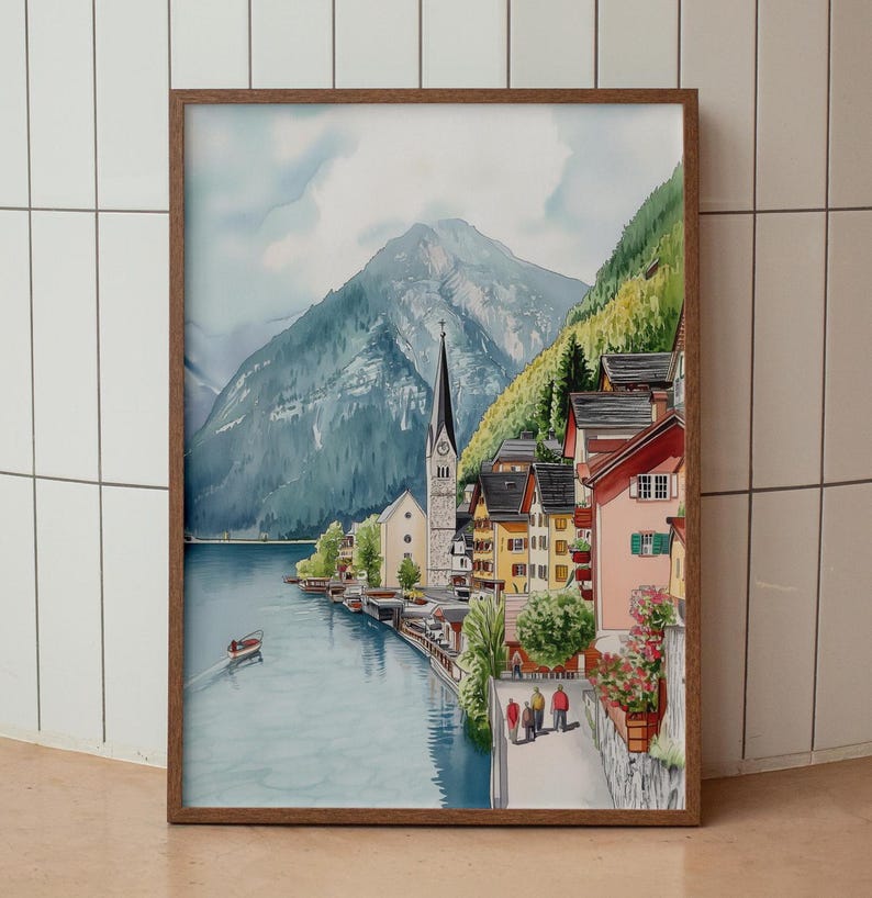 Hallstatt-affisch, akvarelltryck av Hallstatt, väggkonst i Österrike, resetryck, landskapskonst, landskapsdekor, present till nytt hem, resesouvenir bild 6