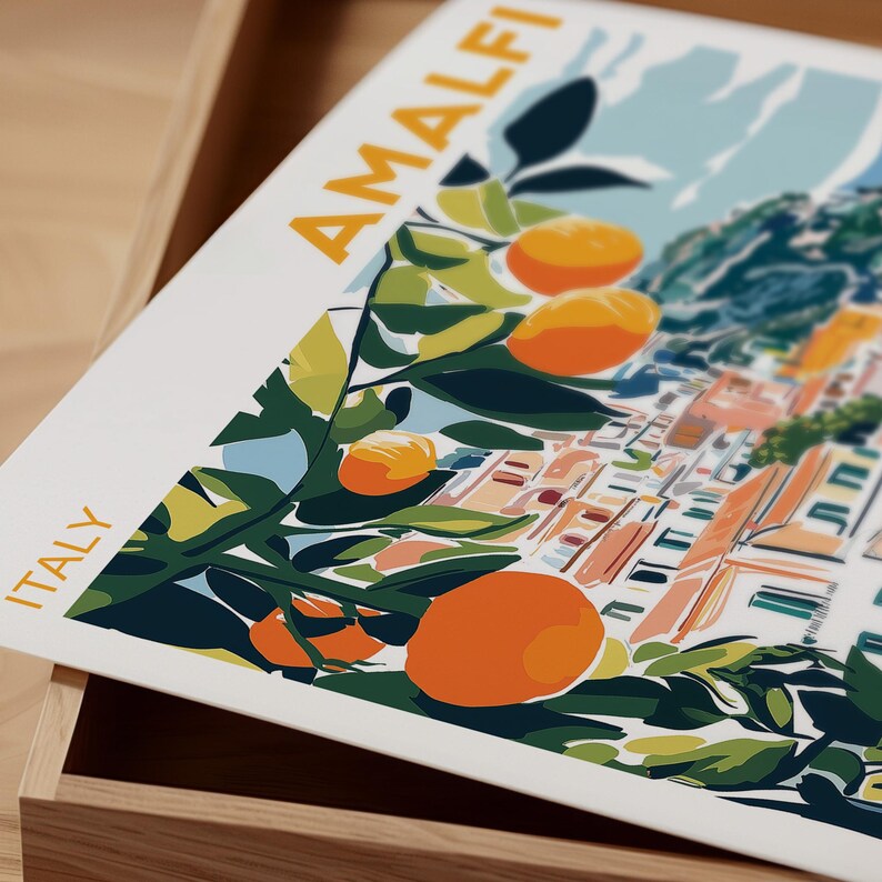 May include: A colorful illustration of a cityscape with orange trees in the foreground. The text "AMALFI" is in large, yellow letters at the top of the image. The text "ITALY" is in smaller, yellow letters at the bottom left of the image.