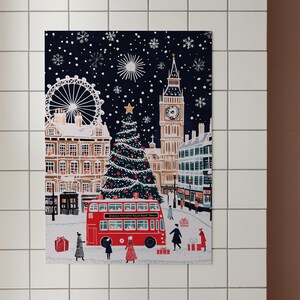 May include: A festive illustration of a snowy London scene with Big Ben, a Ferris wheel, a Christmas tree, and a red double-decker bus. The text on the bus reads "London Transport Route Master Bus".