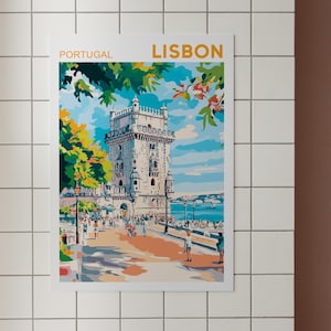 May include: A colorful illustration of a tower in Lisbon, Portugal. The tower is white with a blue roof and is surrounded by trees and people. The text "PORTUGAL" and "LISBON" is at the top of the image.