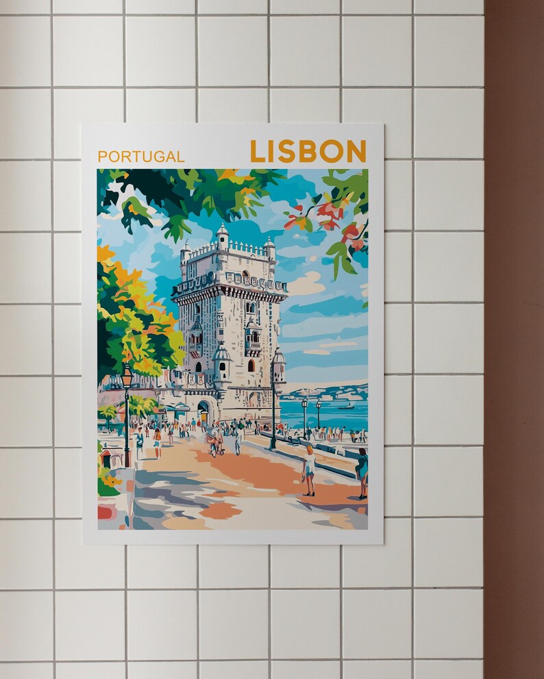 May include: A colorful illustration of a tower in Lisbon, Portugal. The tower is white with a blue roof and is surrounded by trees and people. The text "PORTUGAL" and "LISBON" is at the top of the image.