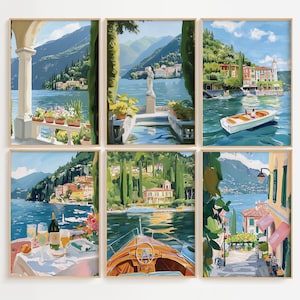 Comer See Wand Kunst Set 6 Aquarell Drucke, Comer See Ölgemälde, La Dolce Vita Kunst, Mailänder Kunst, Italien Landschaft Poster, Europa Reisegeschenk