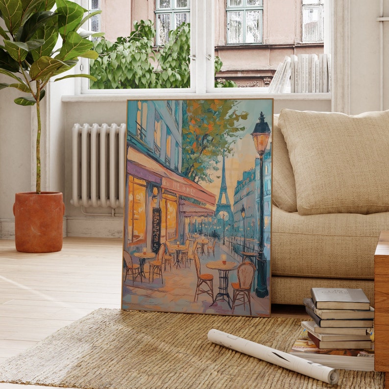 Vintage Oil Painting Streets of Paris Night, Vintage Paris Print, Street Cafe At Night | Printable Oil Painting, Charming Cafe Paris image 3