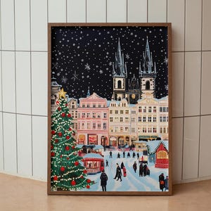 Praga en Navidad, póster navideño de Praga, impresión navideña de Praga, arte mural navideño, arte mural de Praga, Praga retro, regalo de Navidad imagen 2