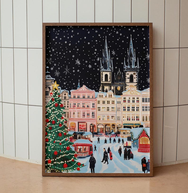 Praga en Navidad, póster navideño de Praga, impresión navideña de Praga, arte mural navideño, arte mural de Praga, Praga retro, regalo de Navidad imagen 2