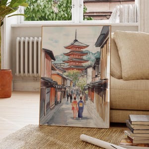 May include: Watercolor painting of a Japanese street scene with a red pagoda in the background. Two figures in traditional dress walk down a stone path lined with buildings. The artwork is framed in gold.