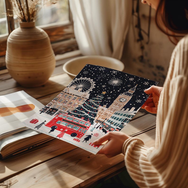 May include: A colorful illustration of a London street scene at night with a Christmas tree, a red double-decker bus, and the London Eye in the background. The illustration is printed on a white card.