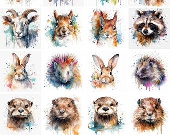 39 Watercolor Woodland Animal Clip Art Bundle, PNG, Instant Download, Commercial Use, Deer, Wolf, Rabbit, Fox, Mouse, Moose, Bear