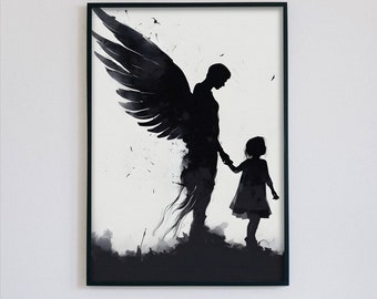 Guardian Angel and Child, Minimalist, Monochromatic, Christian Art, Biblical Art, Baptismal Gift, Modern Wall Art, Digital Download