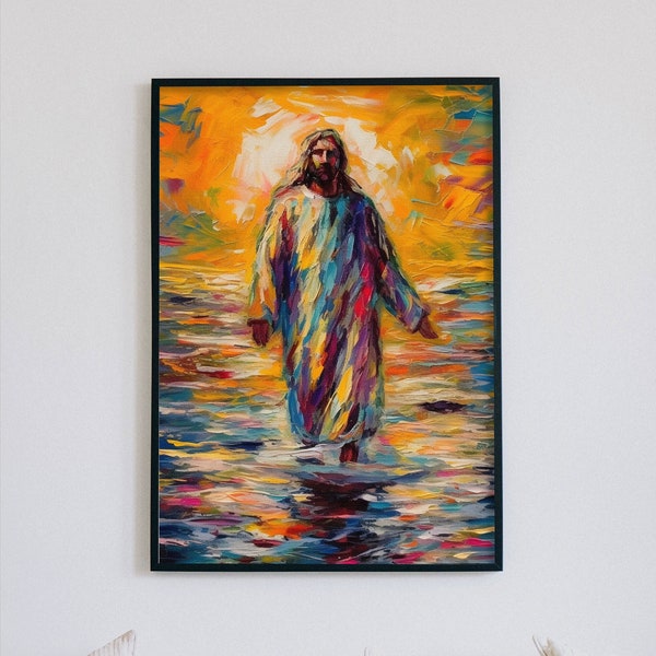 Jesus Walking on Water, Modern Wall Art, Jesus Art, Christian Decor, Digital Download, Impressionism, Religious Art, Oil Painting, Bible art