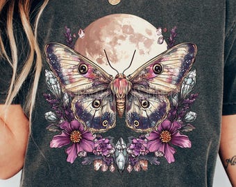 Celestial lunar moth PNG vintage moth crystals clipart cottagecore shirt boho mushroom PNG witchy aesthetic mystical moon digital Halloween