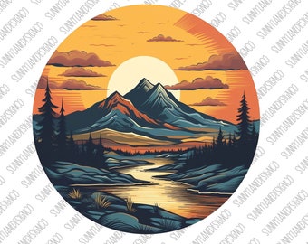 May include: A circular illustration depicting a mountain range with a river winding through the valley. The sun is setting behind the mountains, creating a warm orange hue across the scene. The sky is a blend of orange, yellow, and blue.
