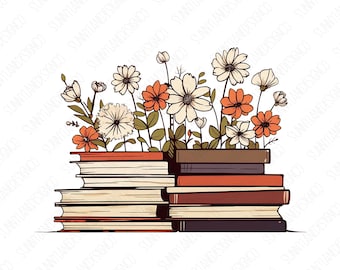 Flower Books Png, Book Png Design, Book Lover Png, Retro Aesthetic Art, Vintage Shirt Sublimation Digital Download