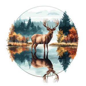 May include: A brown deer with large antlers stands in a lake with its reflection visible in the water. The deer is surrounded by a forest with green and brown trees. The background is a hazy blue sky with white clouds.