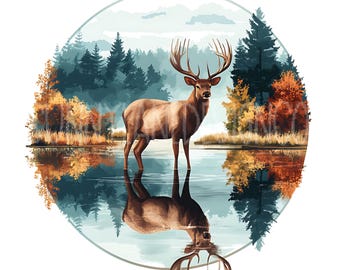 May include: A brown deer with large antlers stands in a lake with its reflection visible in the water. The deer is surrounded by a forest with green and brown trees. The background is a hazy blue sky with white clouds.