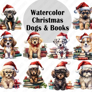 Aquarell Weihnachten Hunde & Bücher Clipart Bundle, Hunderassen Weihnachtsmützen, Karten machen, Scrapbooking, Stapel Bücher, Clipart lesen
