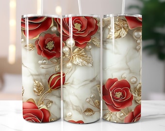 3D Flowers Tumbler Wrap, Red Roses Tumbler png, 20oz Skinny Tumbler Sublimation Design, Instant PNG Digital Download